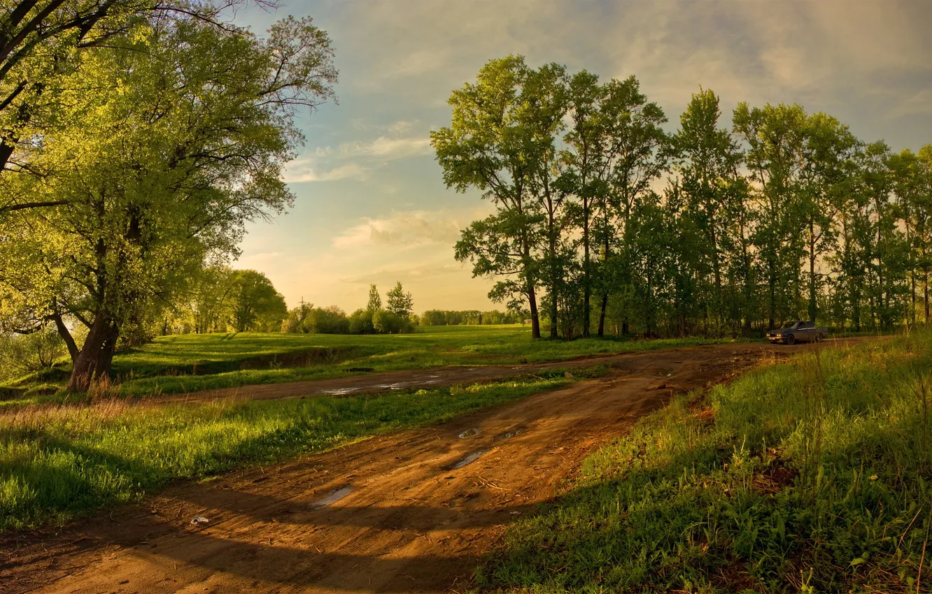 Photo wallpaper road, field, summer, trees