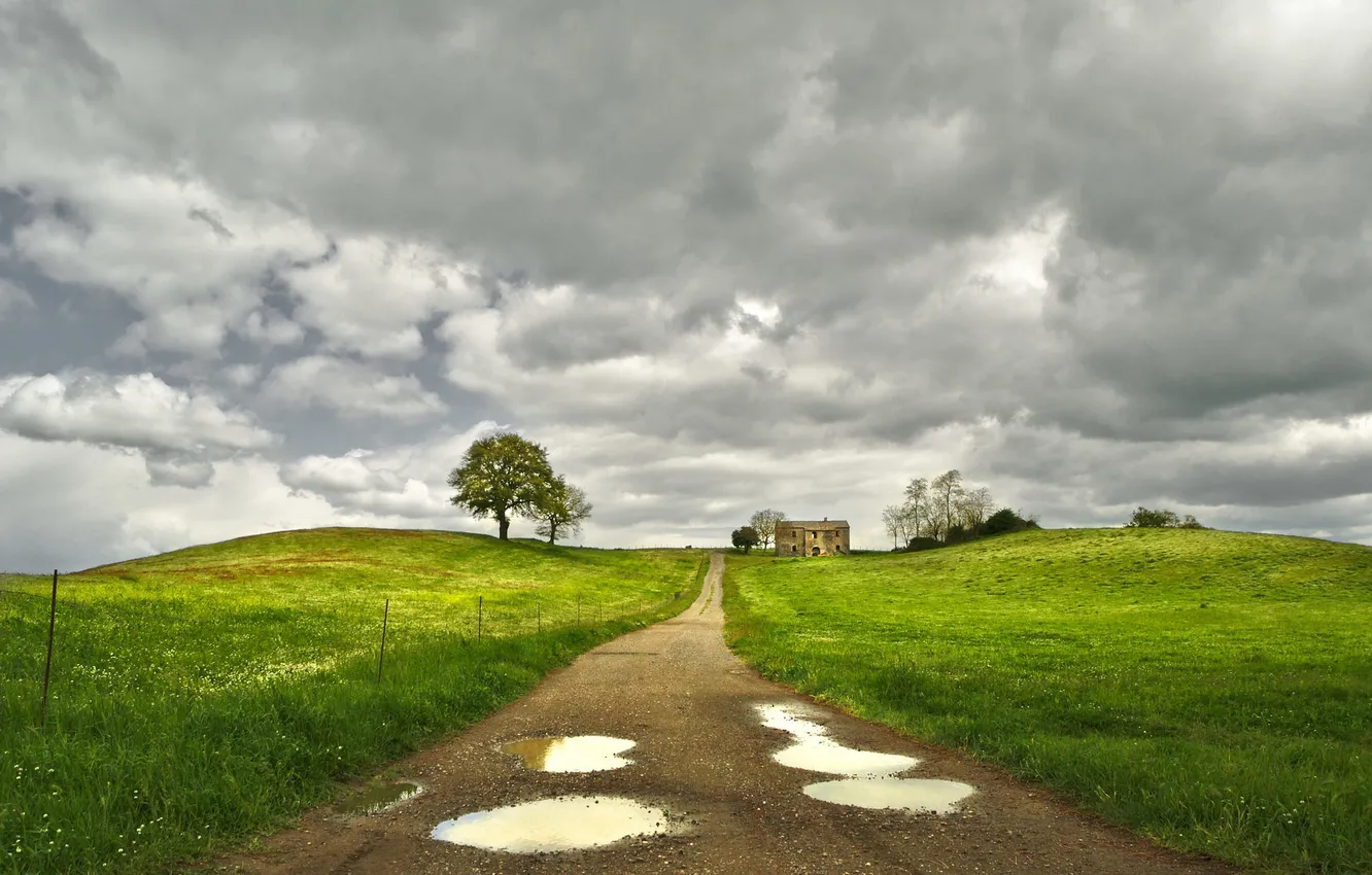 Photo wallpaper road, field, house