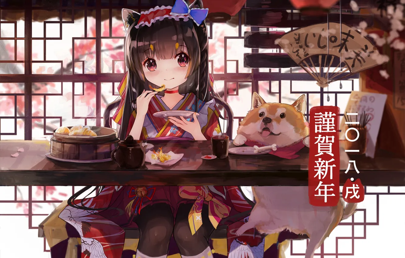 Photo wallpaper food, anime, art, girl, puppy