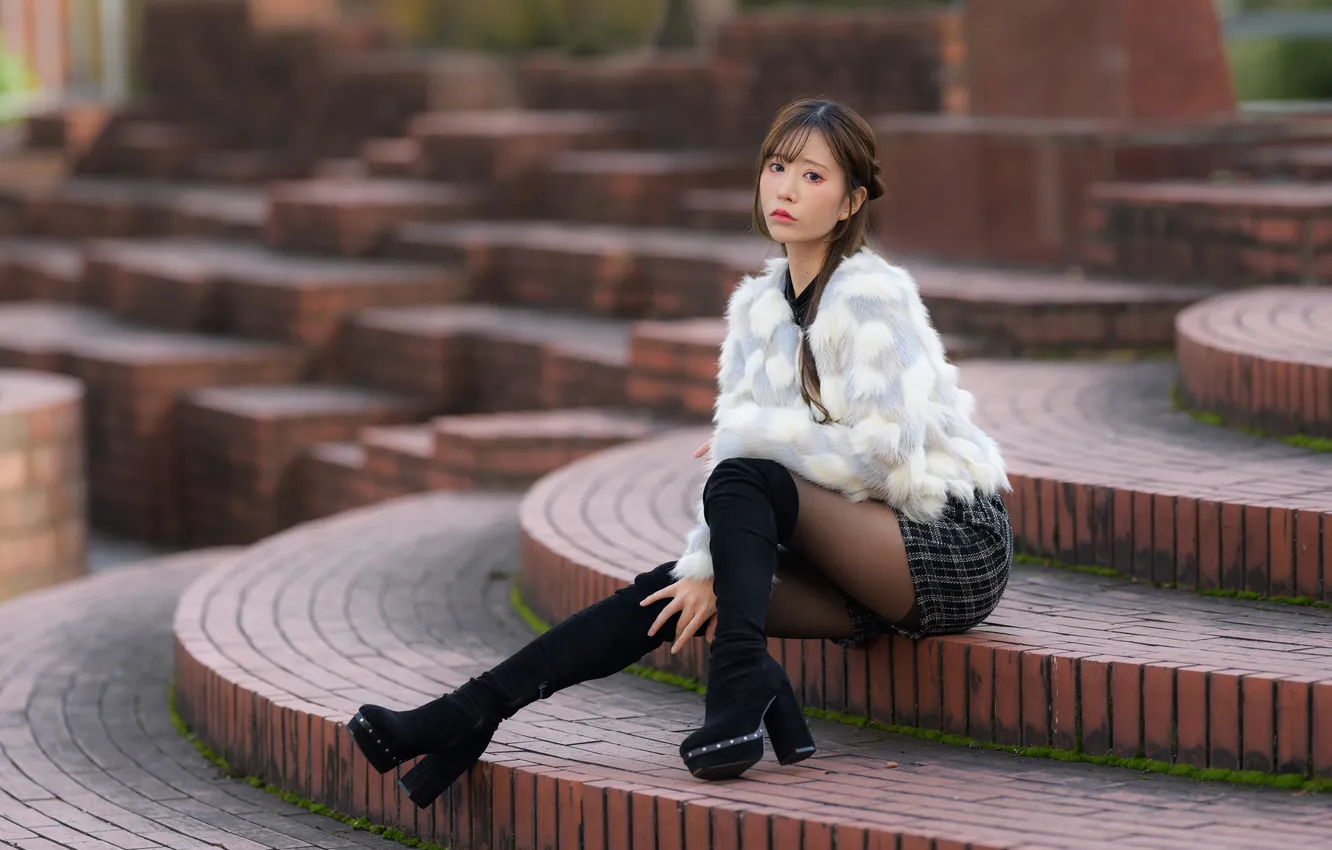 Photo wallpaper girl, sexy, legs, beautiful, model, brunette, asian, boots