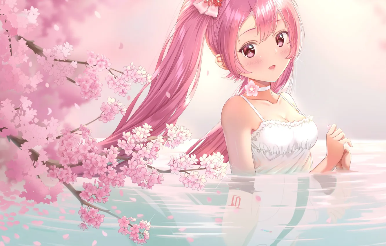 Photo wallpaper water, girl, lake, spring, Sakura, hatsune miku, pink hair, sakura, mike