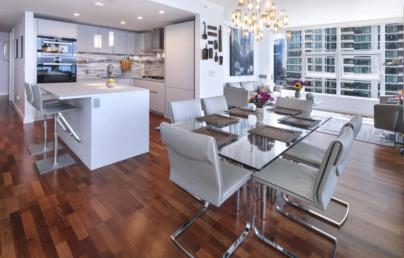 Photo wallpaper table, furniture, window, chair, kitchen, design, living room, interior
