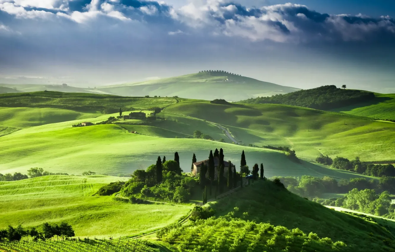 Photo wallpaper hills, Villa, field, spring, Italy, farm, Tuscany
