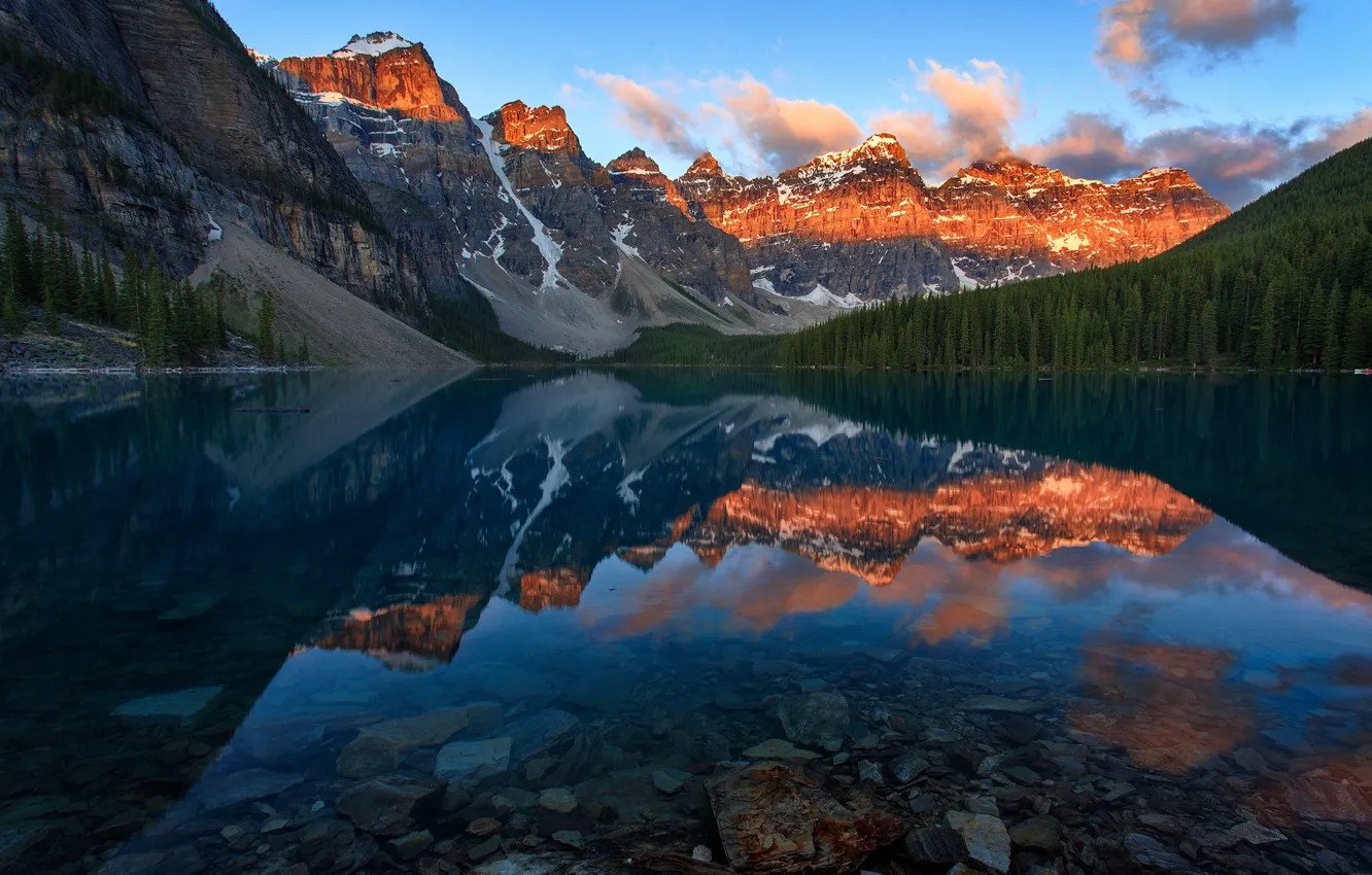 Photo wallpaper forest, water, light, mountains, lake, stones, Canada