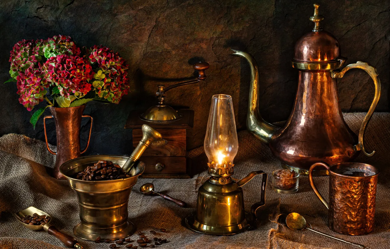 Photo wallpaper coffee, grain, bouquet, mug, vase, coffee grinder, kerosene lamp
