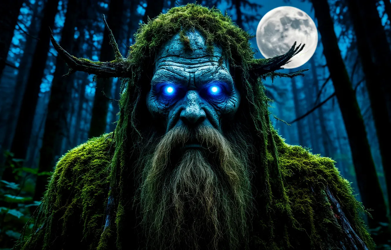 Photo wallpaper FOREST, LOOK, NIGHT, The MOON, MOSS, HORNS, FACE, The DEMON