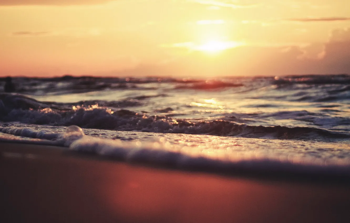 Photo wallpaper sea, wave, beach, the sun, sunset, bokeh