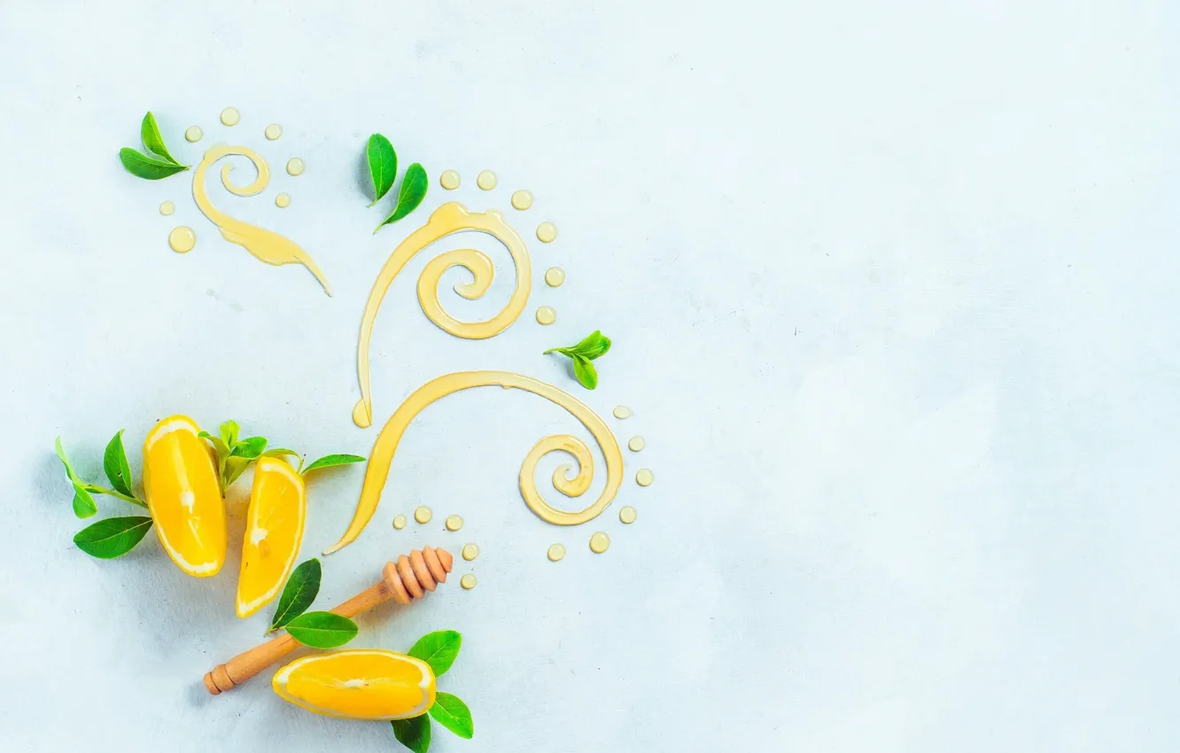 Photo wallpaper leaves, pattern, lemon, food, honey, citrus, still life
