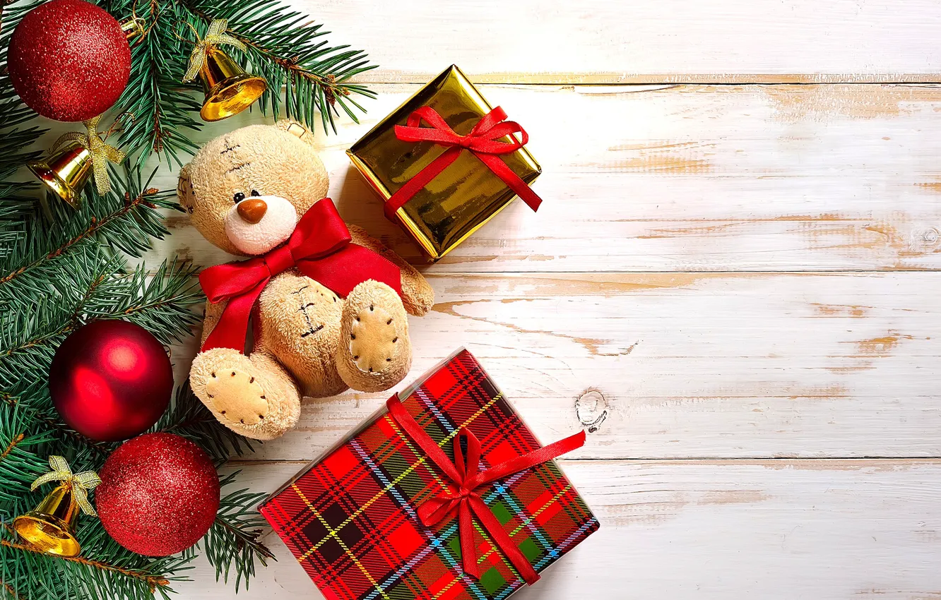 Photo wallpaper toys, tree, Christmas, bear, gifts, New year