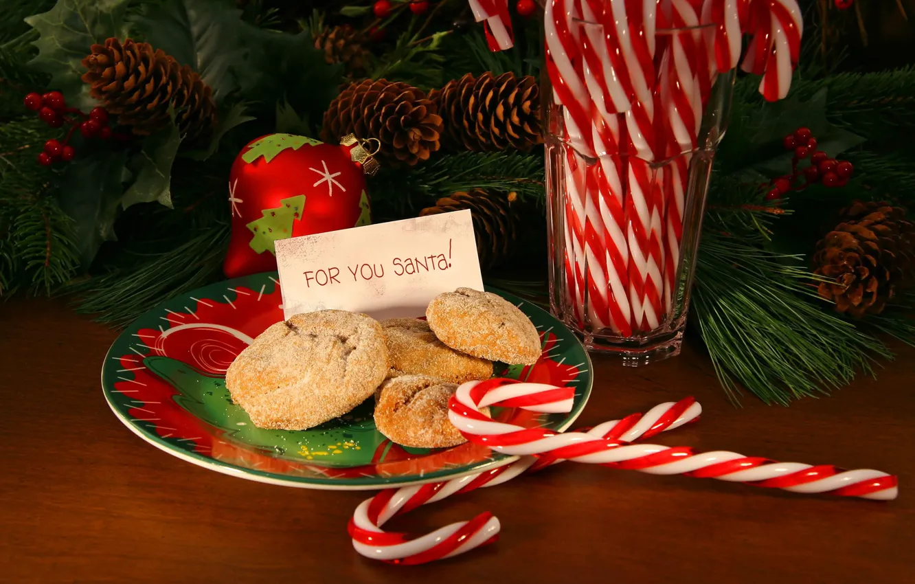 Photo wallpaper holiday, toys, tree, new year, food, branch, cookies, plate