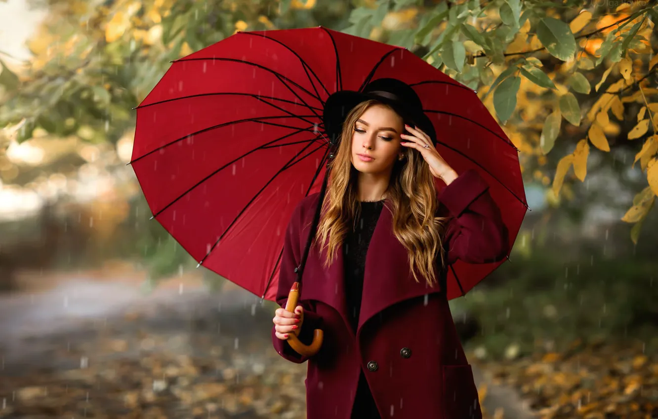 Photo wallpaper girl, rain, green eyes, long hair, hat, photo, umbrella, leaves