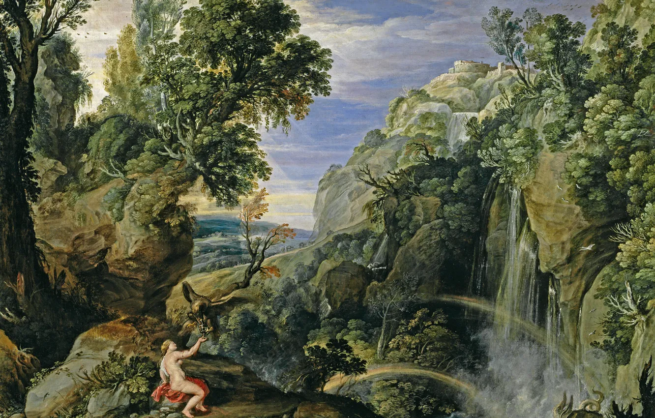 Photo wallpaper rocks, waterfall, picture, Peter Paul Rubens, mythology, Landscape with psyche and Jupiter, Pieter Paul Rubens