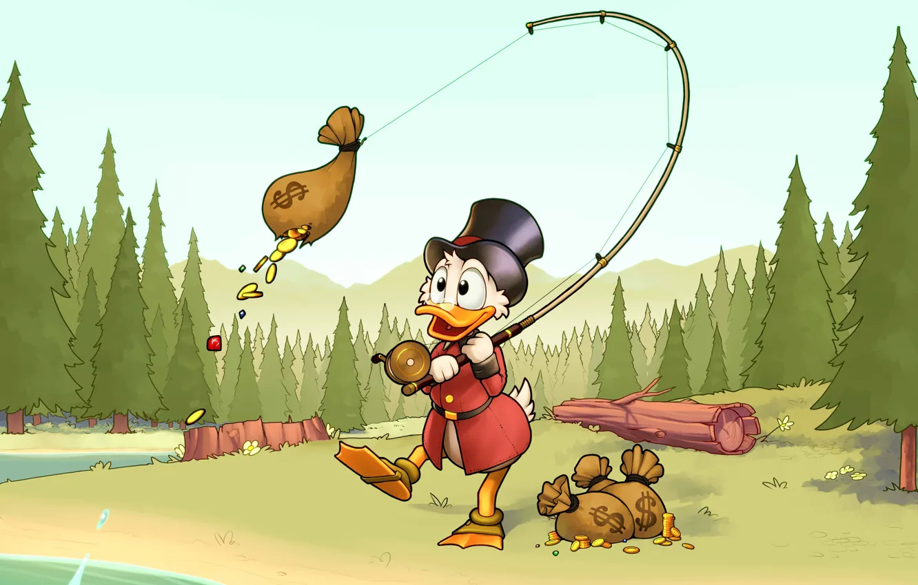 Photo wallpaper forest, gold, fishing, coins, Disney, rod, Scrooge McDuck, Duck Tales