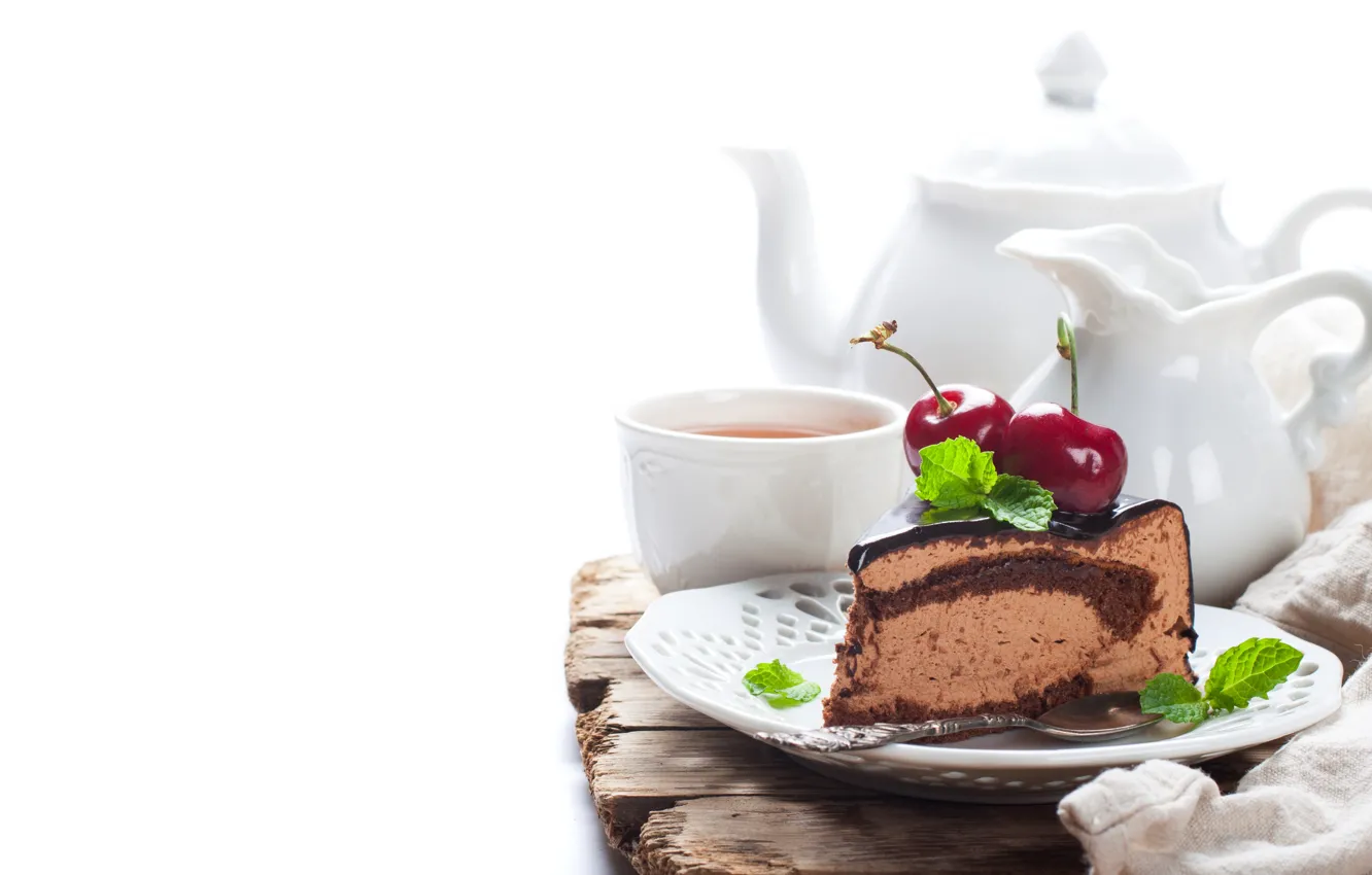 Photo wallpaper cherry, tea, cake, chocolate