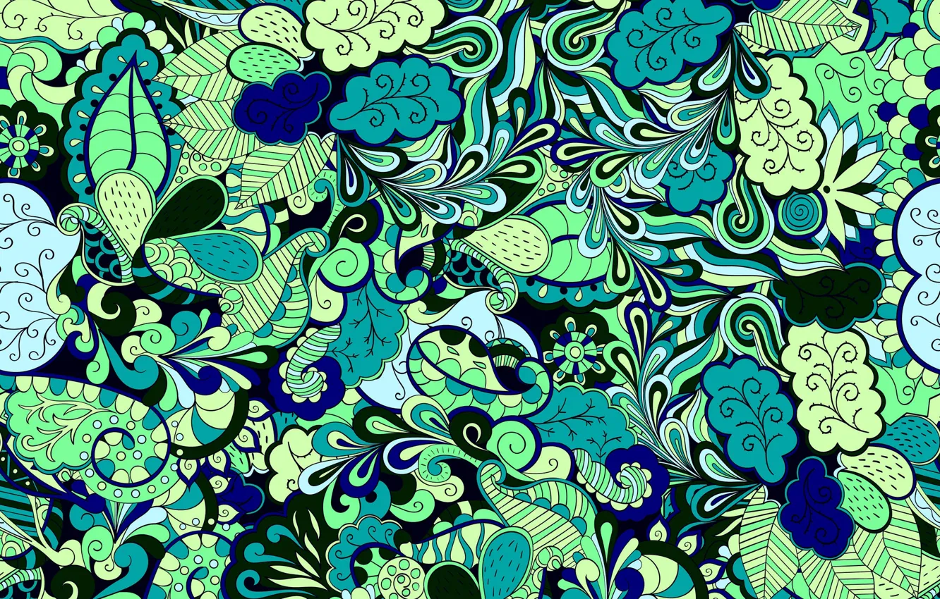 Photo wallpaper flowers, blue, green, background, pattern, texture, Paisley