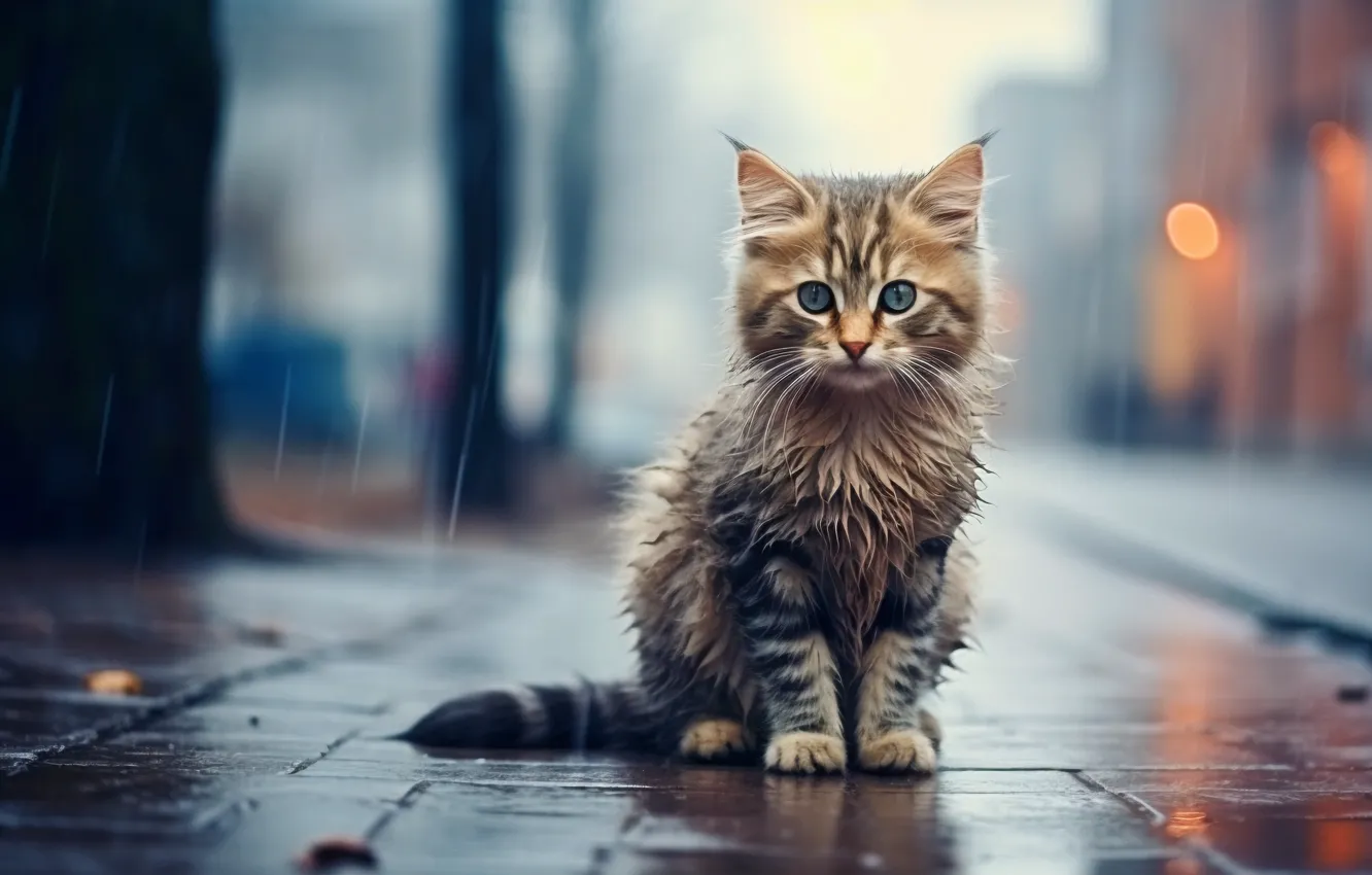 Photo wallpaper cat, cat, look, wet, kitty, digital art, AI art, The Art of Artificial Intelligence