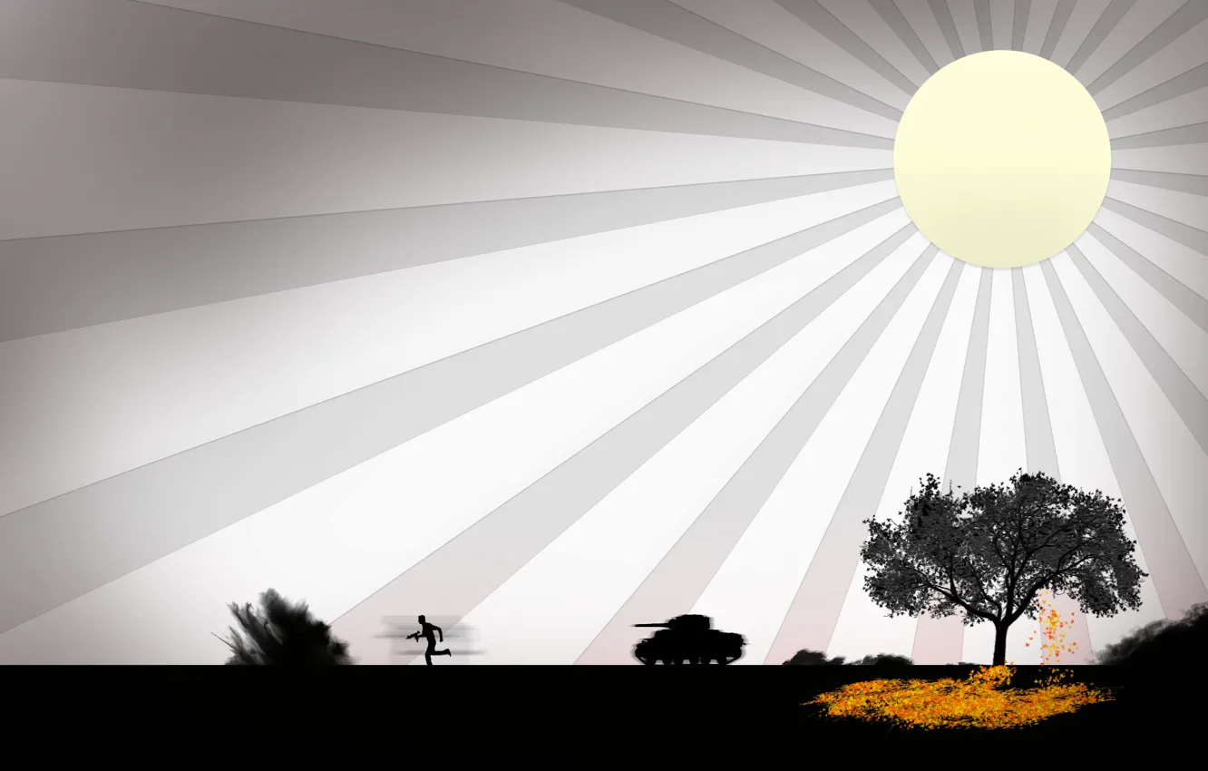 Photo wallpaper the sun, tree, war, tank