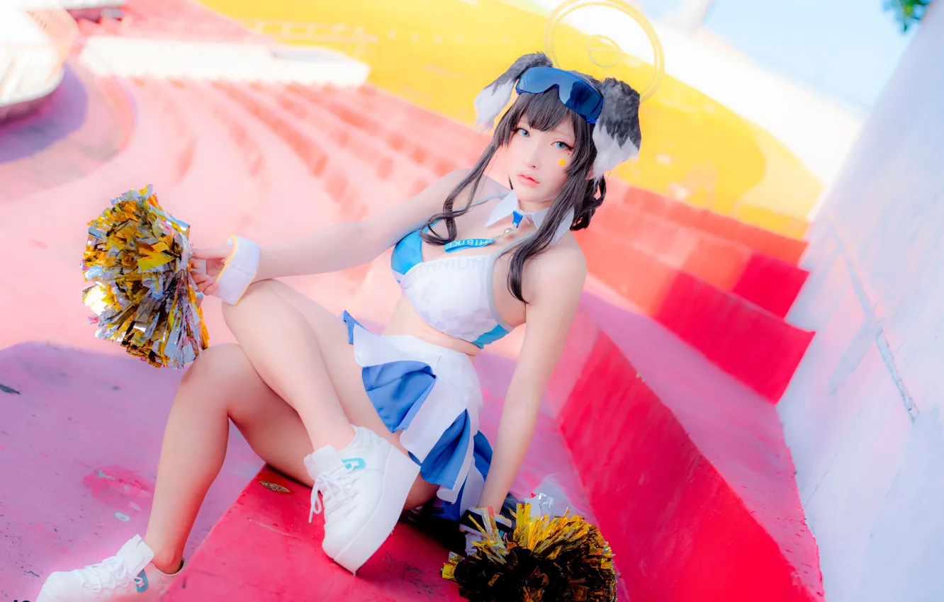 Photo wallpaper model, women, cosplay, asian, shaved pubic hair, cheerleaders, lifting clothes, Nekozuka Hibiki
