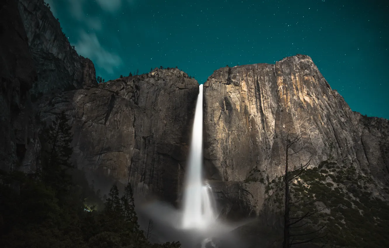 Photo wallpaper stars, trees, night, rocks, waterfall, CA, USA, USA