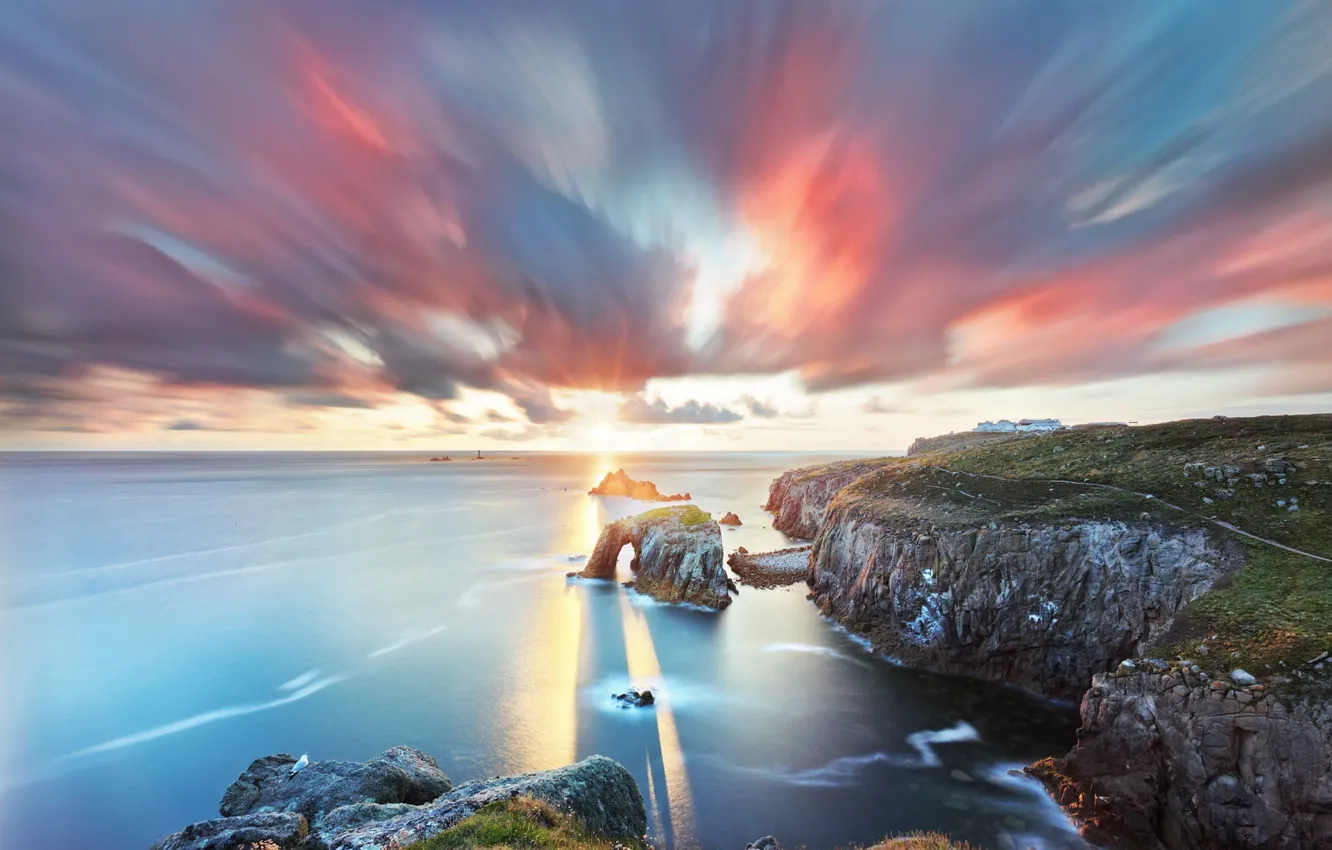 Photo wallpaper summer, the sun, rays, light, rocks, shore, the evening, arch