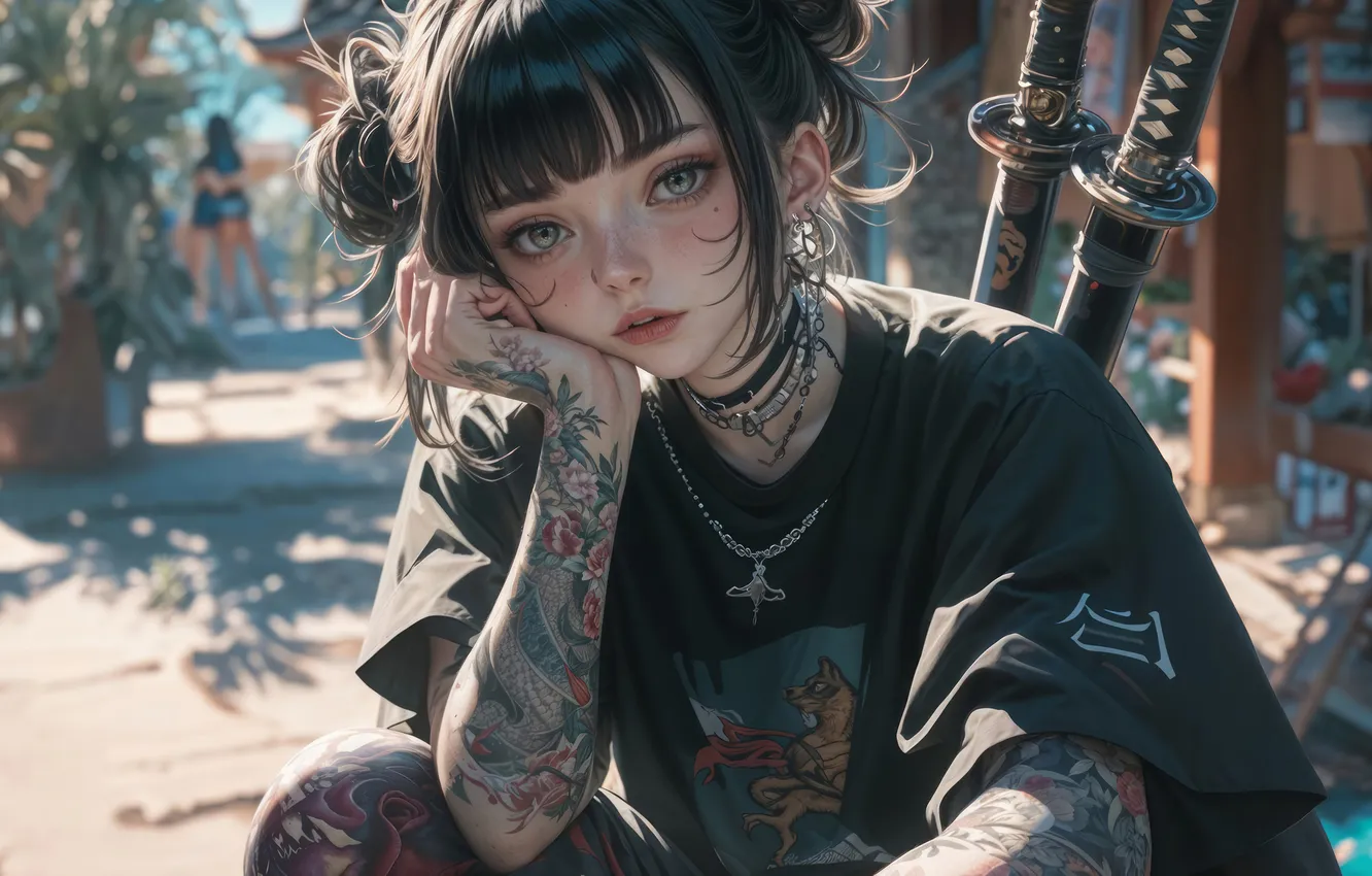 Photo wallpaper katana, AI Generated, anime girl, tattoo