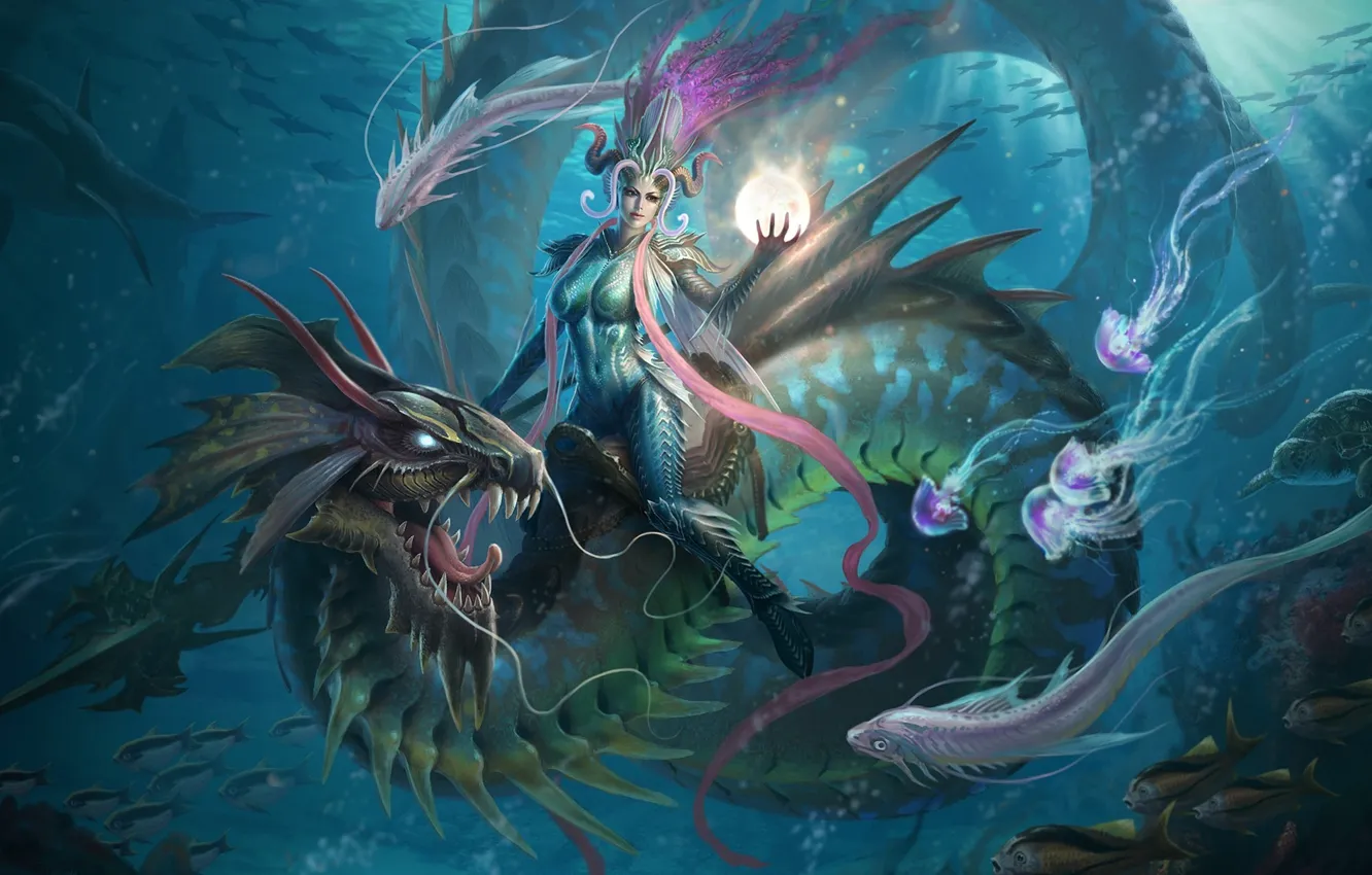 Photo wallpaper girl, balls, magic, dragon, fish, art, jellyfish, spear