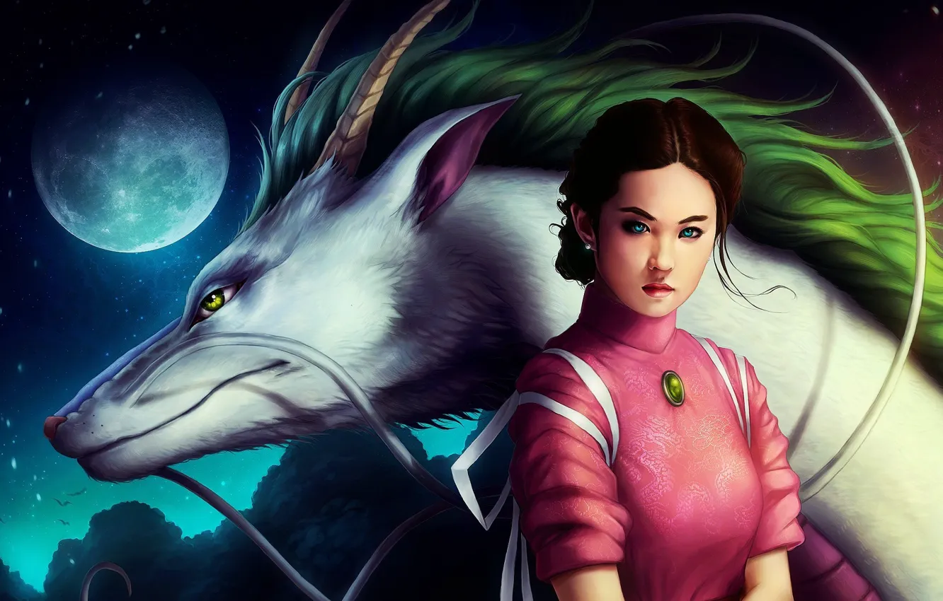 Photo wallpaper girl, the moon, dragon, anime, art, spirited away, spirited away, Hayao Miyazaki