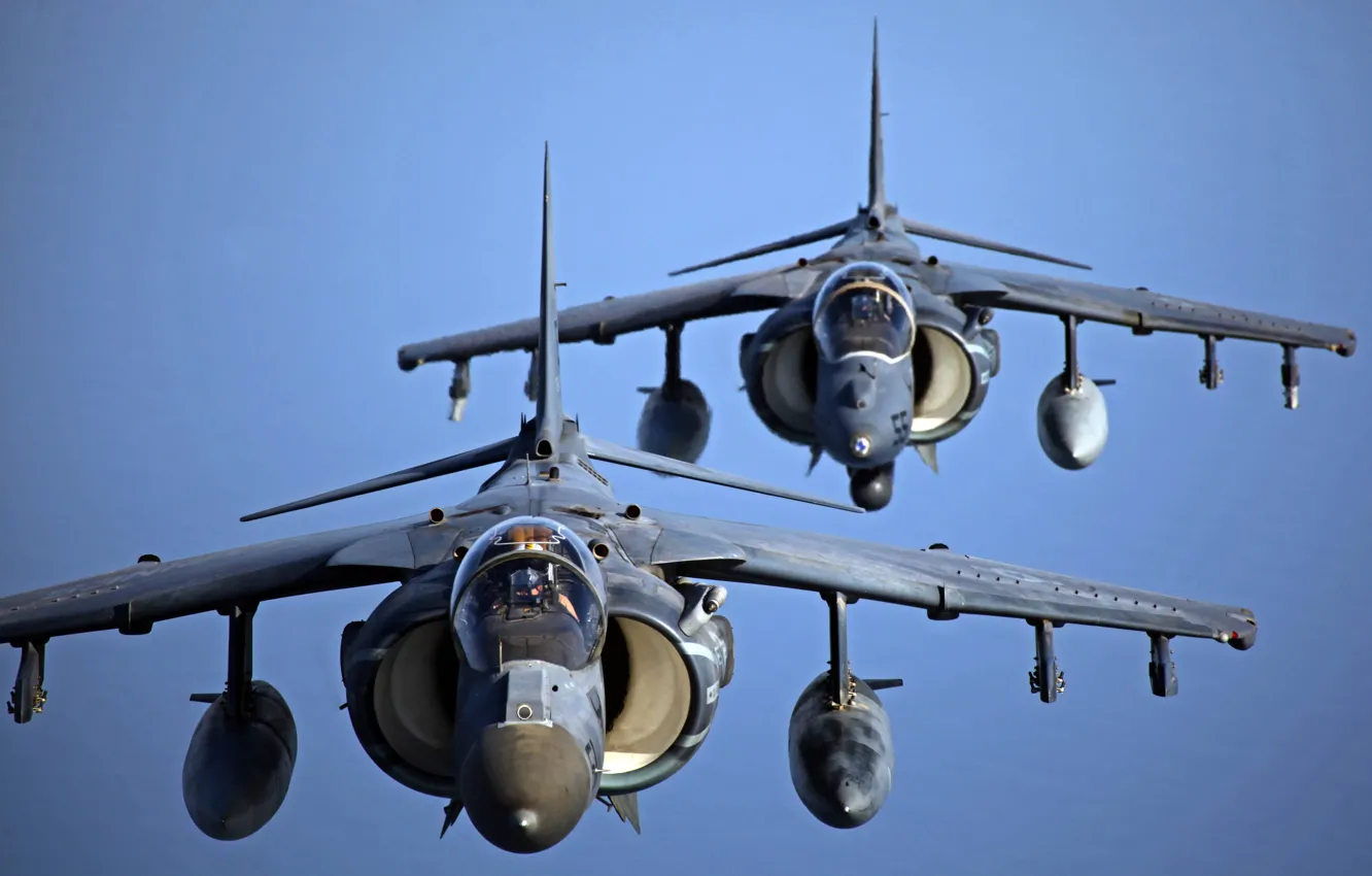 Photo wallpaper the sky, flight, fighters, pair, stormtroopers, AV-8B, Harriers