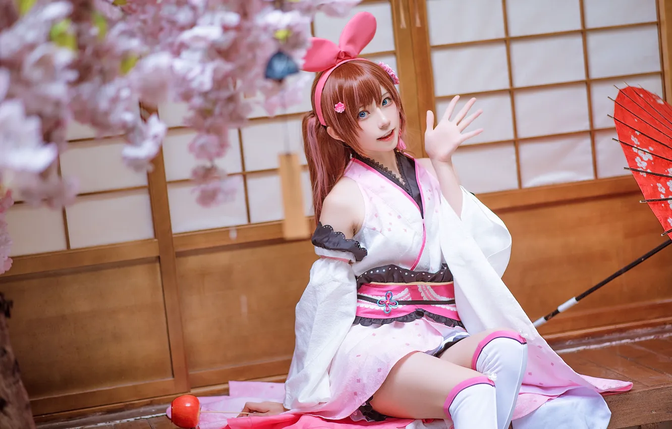 Photo wallpaper umbrella, Sakura, legs, Asian, gesture, cosplay