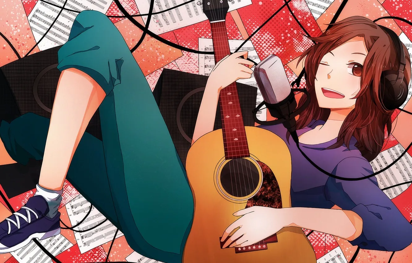 Photo wallpaper girl, music, guitar, headphones, art, microphone, brownque