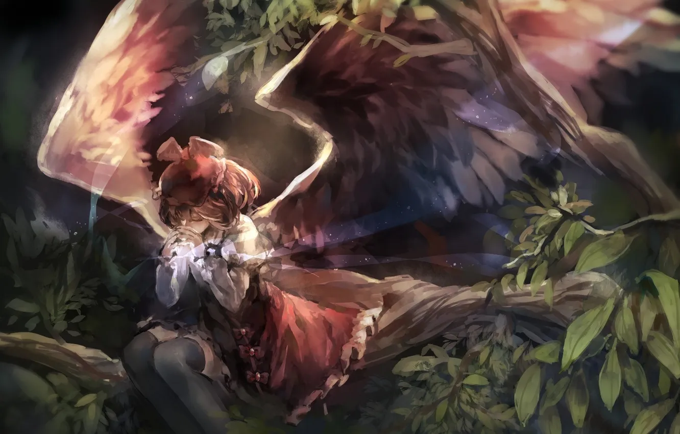 Photo wallpaper leaves, girl, trees, nature, branch, wings, anime, art