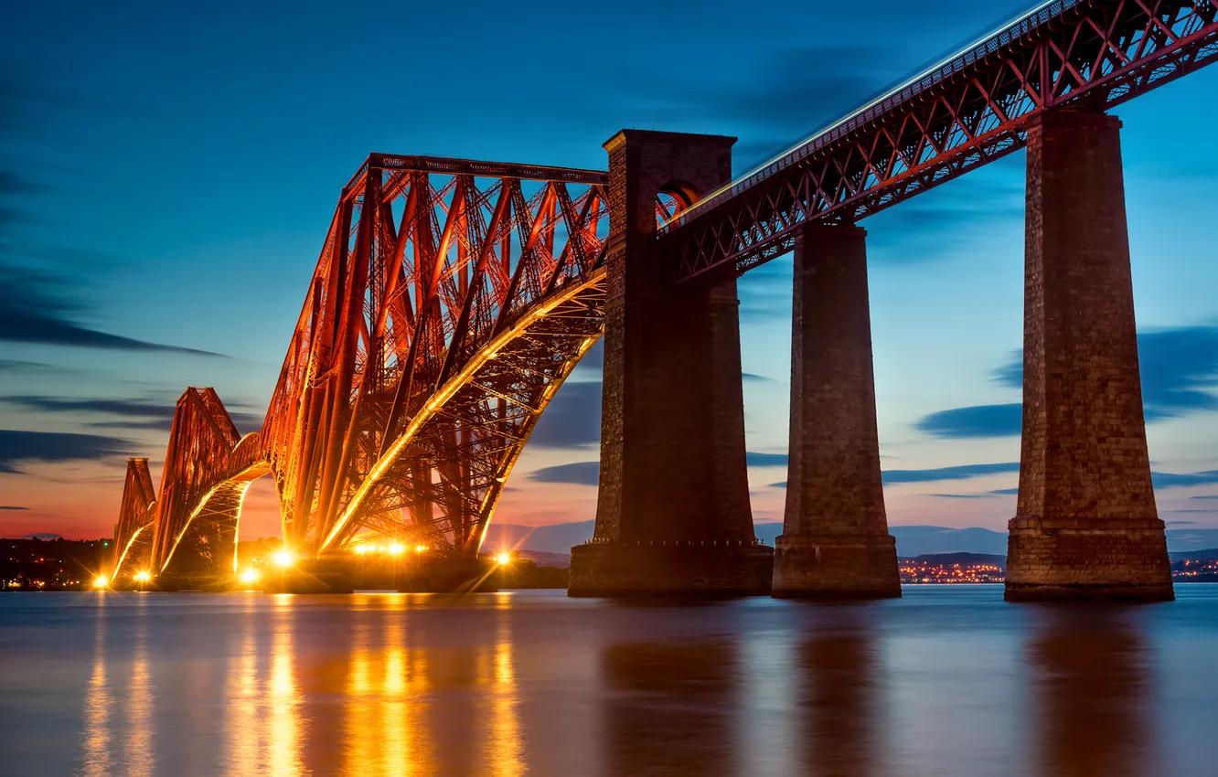 Photo wallpaper bridge, the city, lights, the evening, Scotland, Bay, Scotland, Edinburgh
