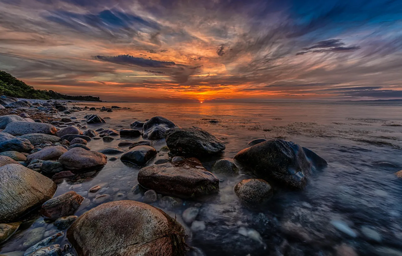 Photo wallpaper sea, landscape, nature, stones, dawn, shore