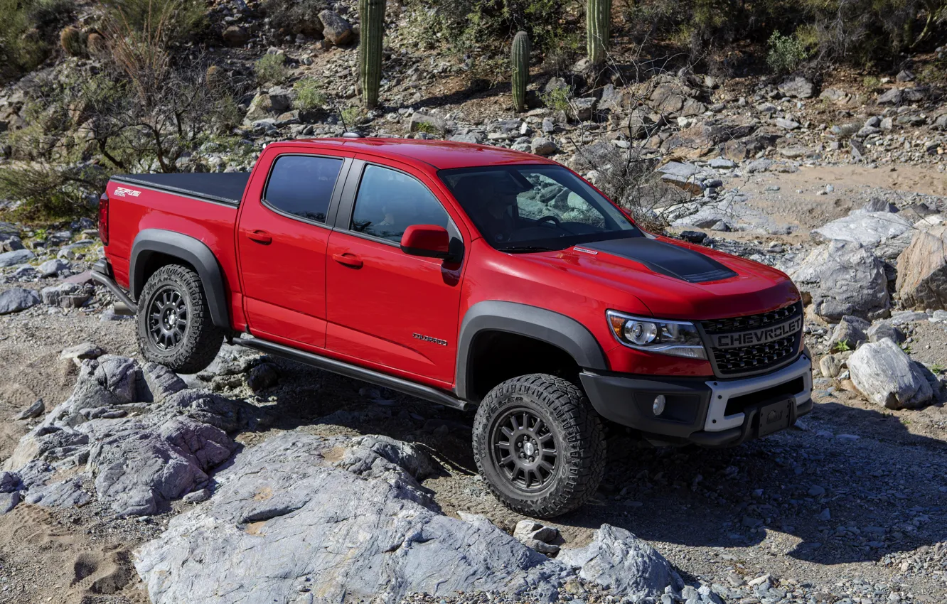 Photo wallpaper branches, red, stones, Chevrolet, pickup, Colorado, 2019, ZR2 Bison