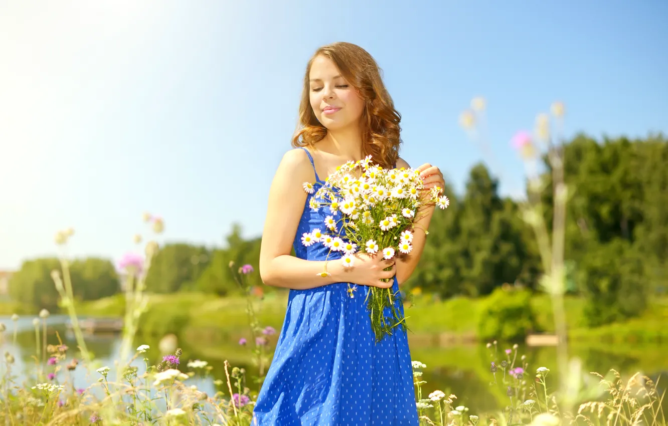 Photo wallpaper summer, girl, the sun, trees, flowers, nature, river, glade