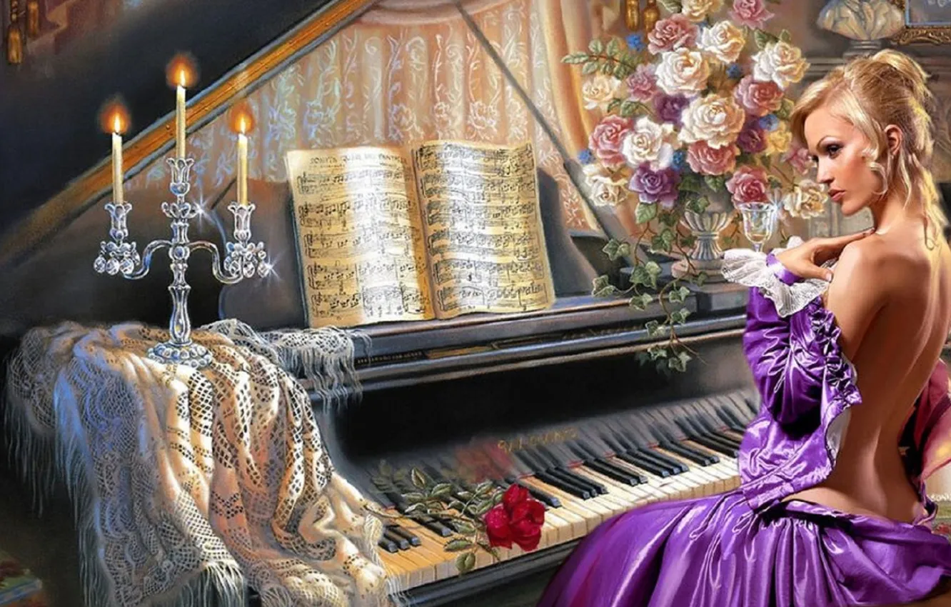 Photo wallpaper Music, plan, candle, backless, fantasy girls