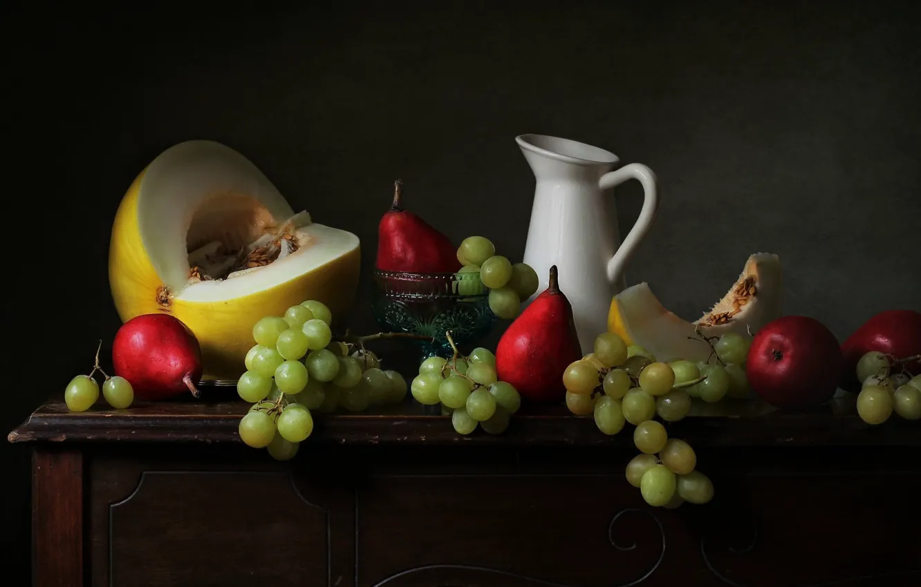 Photo wallpaper grapes, pitcher, fruit, still life, pear, melon