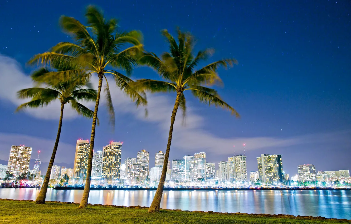Photo wallpaper night, lights, Hawaii, Honolulu, Ala Moana, beach Park