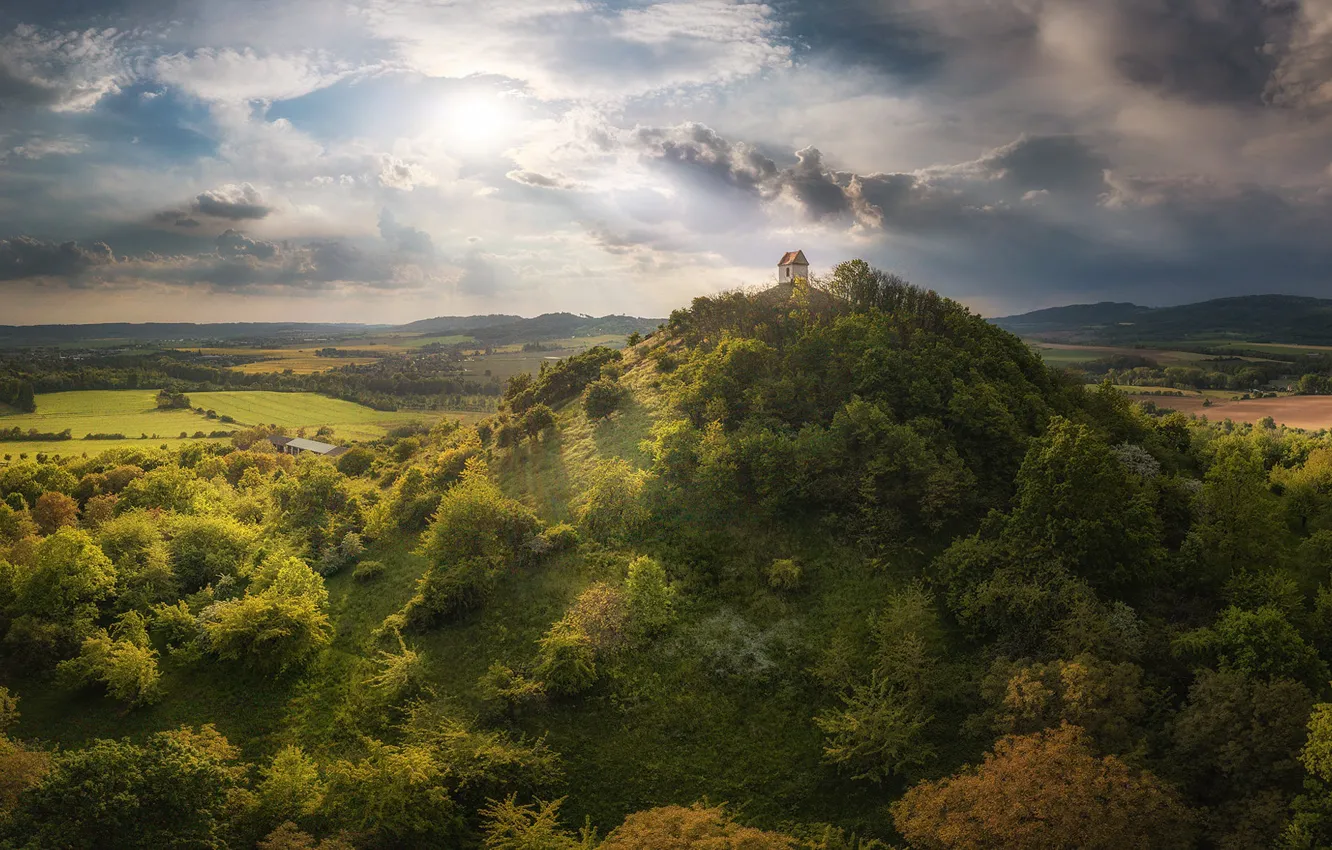 Photo wallpaper mountains, hills, vegetation, house, hill