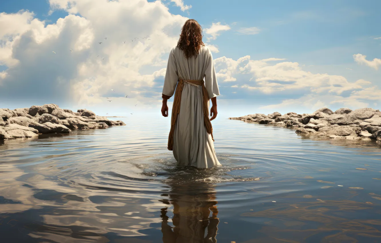 Photo wallpaper water, clouds, Jesus, hair, back, male, religion, Jesus Christ