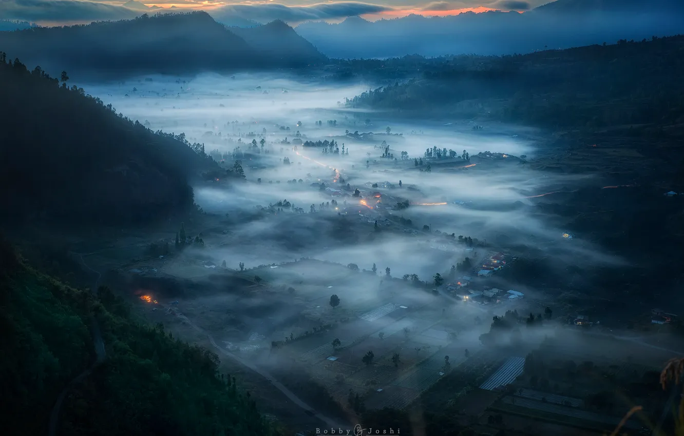 Photo wallpaper mountains, fog, morning, valley, Indonesia, the island of Bali