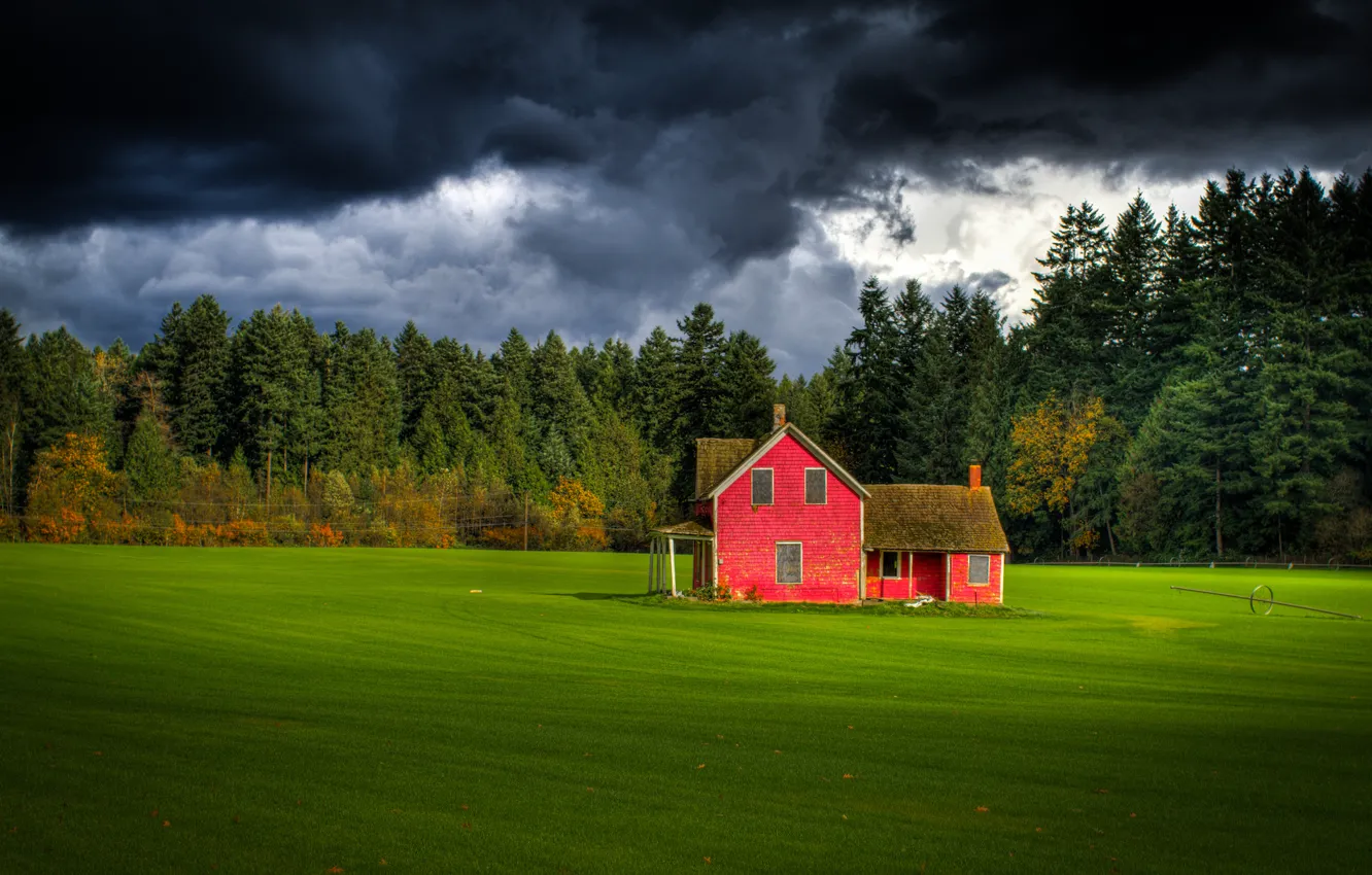 Photo wallpaper field, forest, the sky, red, clouds, house, Canada, farm