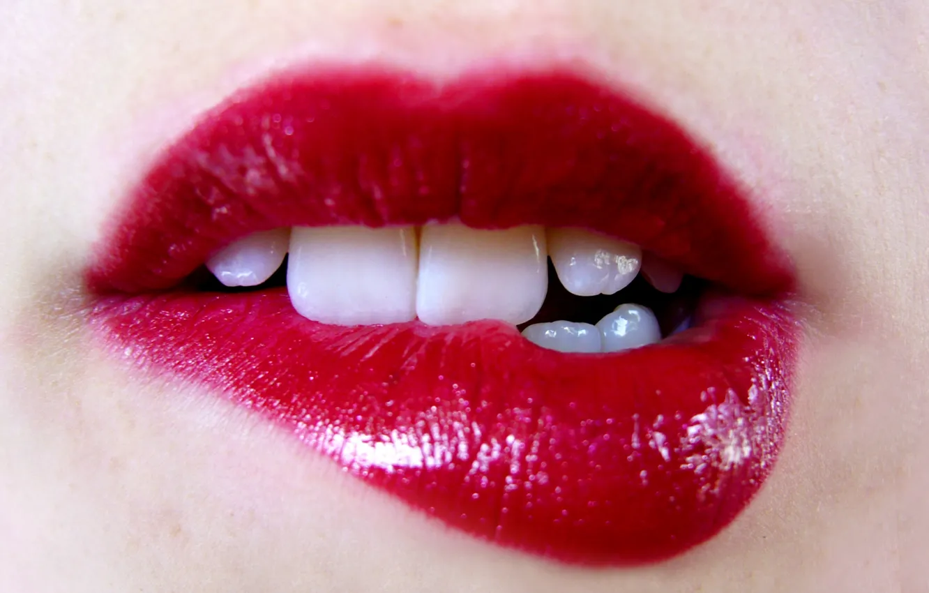 Photo wallpaper girl, face, teeth, mouth, lipstick, lips