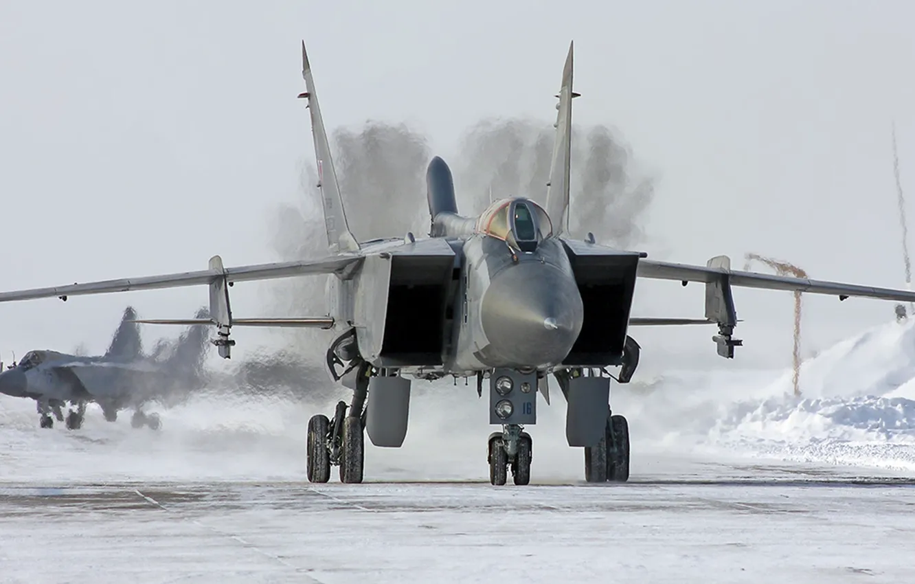 Photo wallpaper winter, snow, wing, Fighter, pair, Engine, Russia, the plane