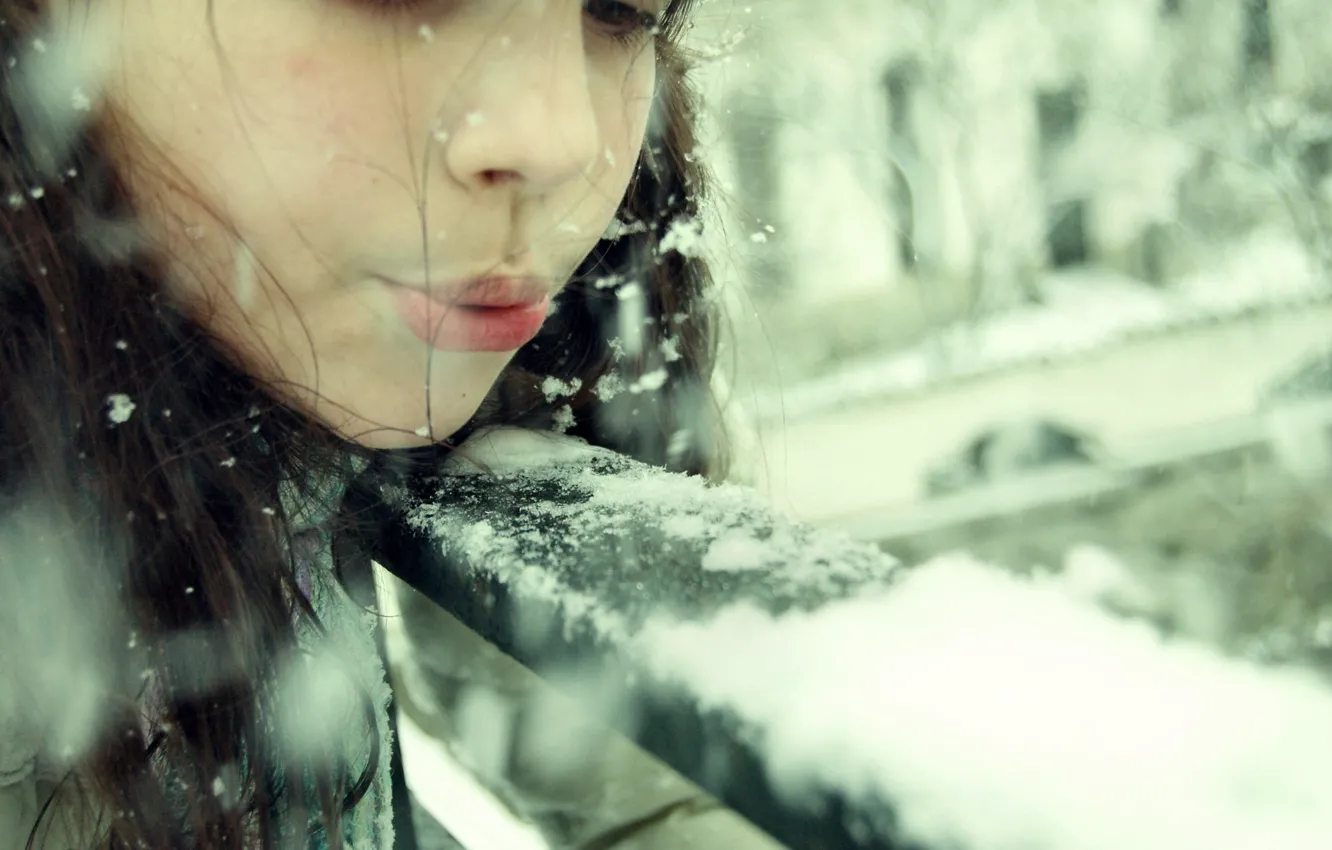 Photo wallpaper winter, girl, snow, snowflakes, children, mood, hat, brunette