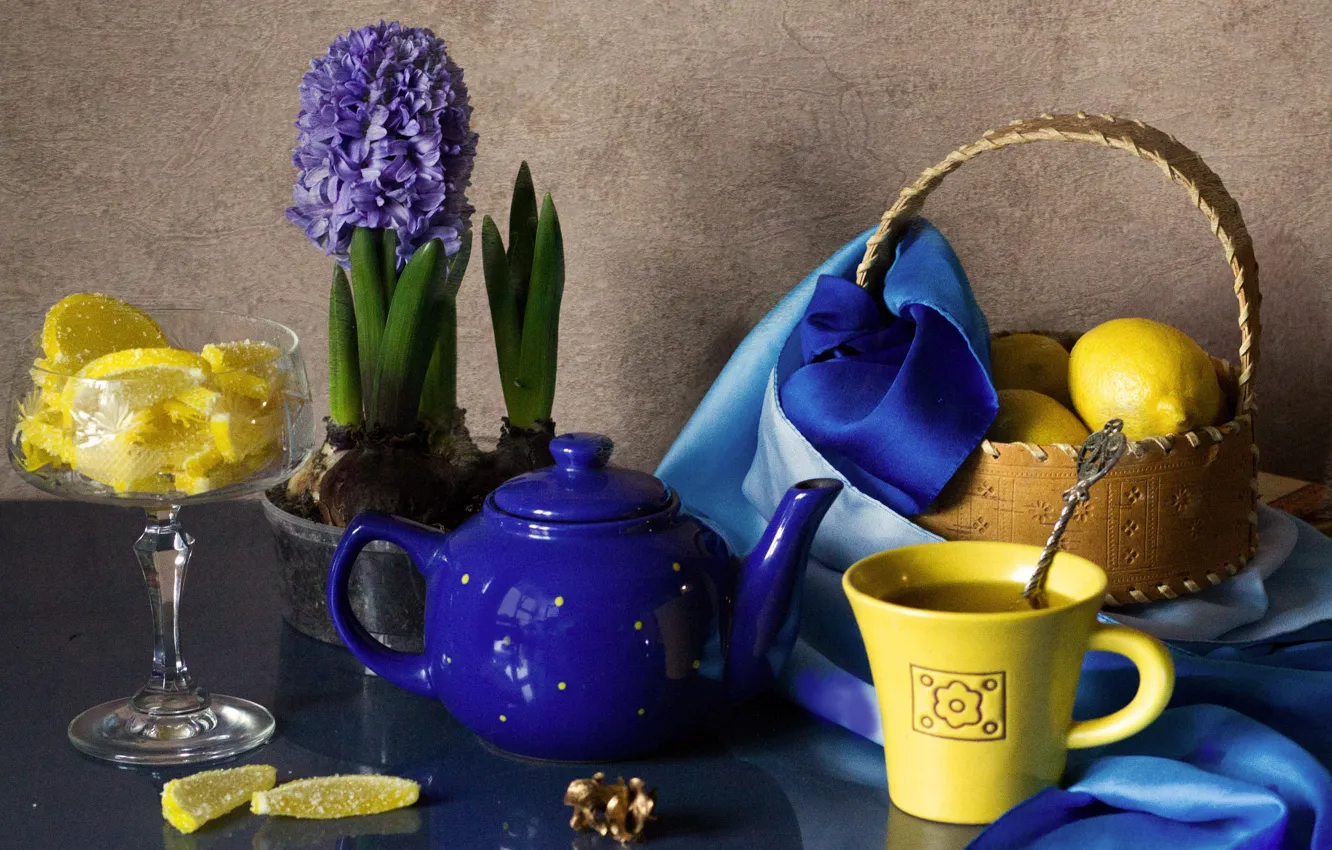 Photo wallpaper lemon, flowers, mug, shawl, lilac, hyacinths, blue, yellow