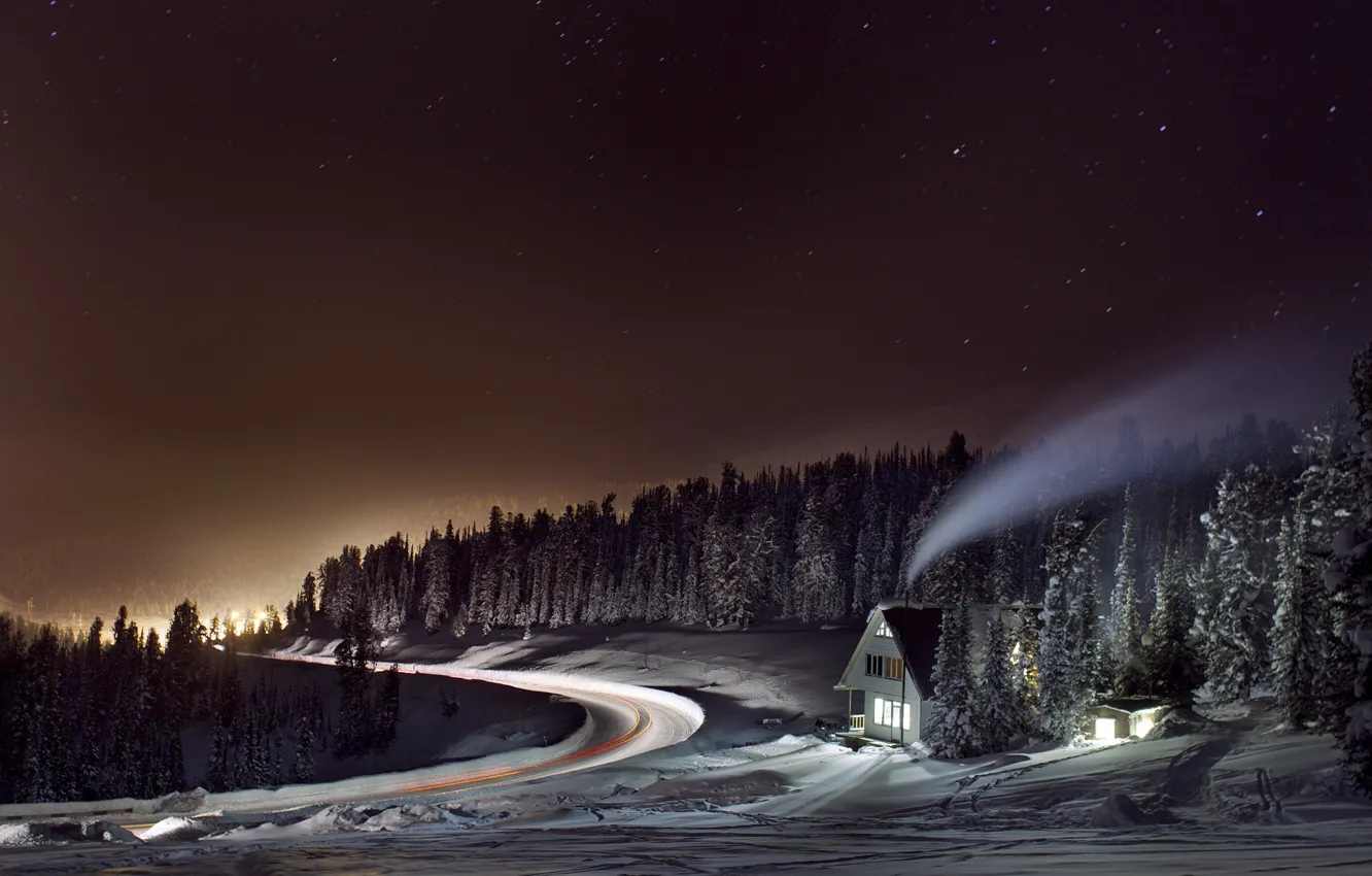 Photo wallpaper winter, road, forest, light, night, house, smoke