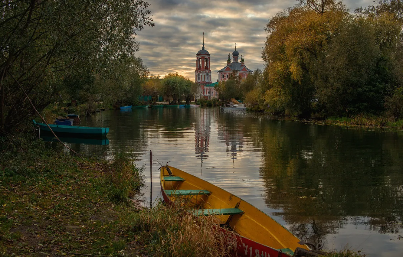 Photo wallpaper autumn, landscape, clouds, nature, the city, river, boats, Church