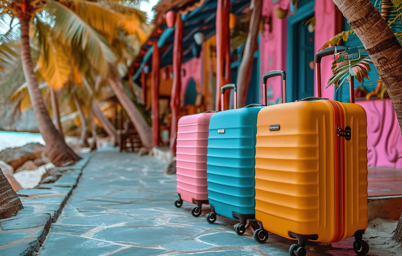 Photo wallpaper beach, summer, palm trees, shore, vacation, suitcase, summer, beach