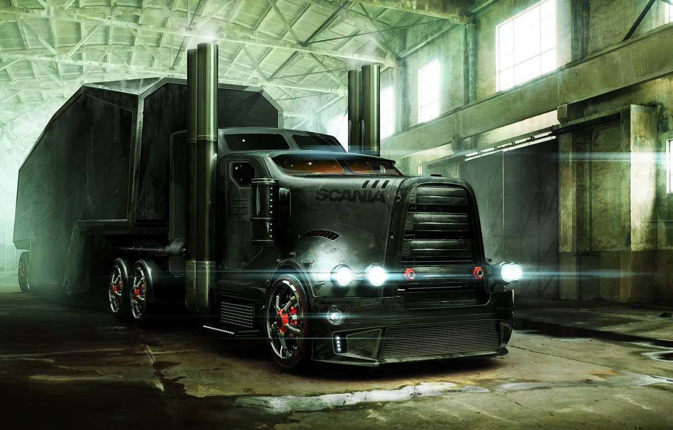 Photo wallpaper art, hangar, armor, trailer, tractor, Scania